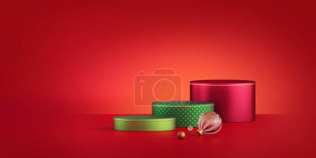 Foto de 3d render, fondo rojo abstracto con podios vacíos para la presentación del producto, abeto verde y adornos de Navidad. Escaparate festivo vacío - Imagen libre de derechos
