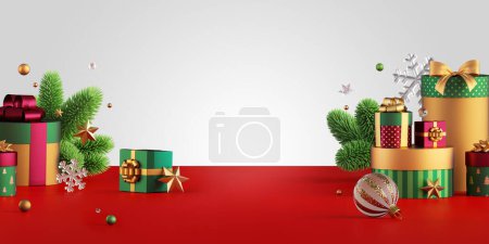Foto de 3d render. Escena festiva con adornos navideños, abeto verde y cajas de regalo, aisladas sobre fondo blanco con suelo rojo. Escaparate con podio vacío para la presentación del producto. Banner horizontal - Imagen libre de derechos