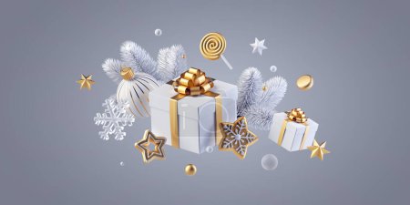 Foto de 3d render, levitating blanco y oro adornos de Navidad, envuelto caja de regalo, dulces y galletas de jengibre, aislado sobre fondo gris plateado. Ilustración de vacaciones - Imagen libre de derechos