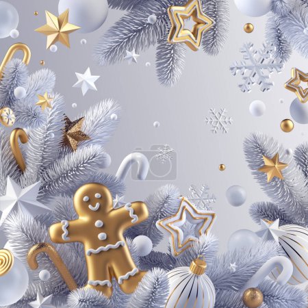 3d render, winter background with gingerbread man cookie, Christmas ornaments and frozen spruce twigs. Festive wallpaper