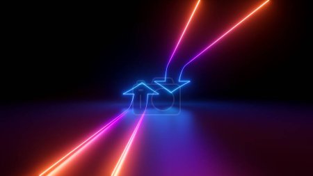 Photo for 3d render, abstract minimalist geometric background. Two counter neon arrows shifting, linear graphics. Shuffle concept - Royalty Free Image