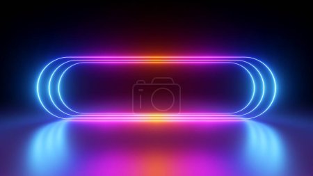 Photo for 3d render, glowing pink blue neon lines, rounded geometric blank frame, isolated on black background. Ultraviolet spectrum. Cyber space. Abstract futuristic wallpaper - Royalty Free Image