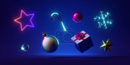 3D-Render, festlicher Weihnachtsschmuck, beleuchtet mit rosa-blauem Neonlicht, isoliert auf blauem Hintergrund. Verschiedene fliegende Kugeln
