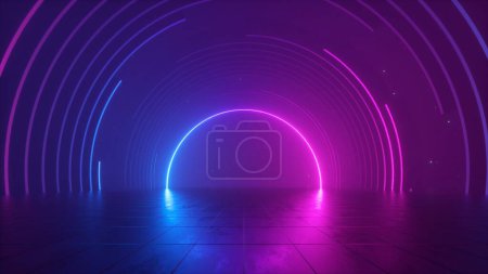 3d rendering, abstract futuristic pink blue neon background, cosmic wallpaper, round arch glowing in ultraviolet spectrum