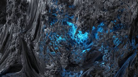 rendu 3d, abstrait fond fractal noir illuminé de néon bleu