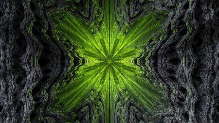 rendu 3d, abstrait fond fractal noir illuminé de lumière au néon vert, formes organiques microbiologiques, motif mandala symétrique, papier peint du monde quantique