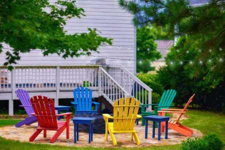 Foto de Conjunto de sillas de madera coloridas adirondack alrededor de la fogata en el jardín en el patio trasero - Imagen libre de derechos