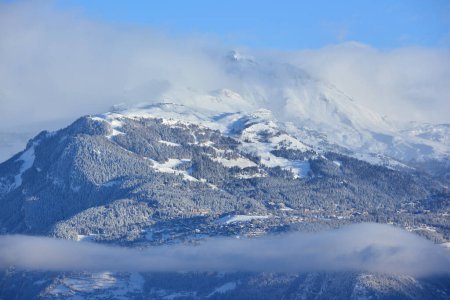 Photo for Ths luxury ski resort of Crans Montana in the mist in the Southern Swiss Alps, in the winter - Royalty Free Image