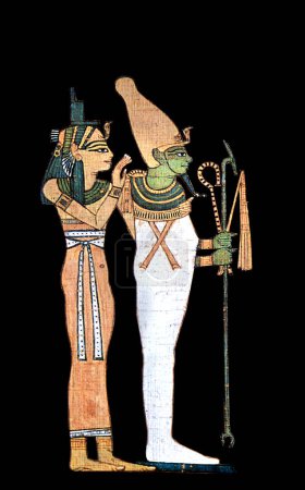 Foto de Antigua pintura de papiro egipcio del dios Osiris y la diosa Isis juntos. Aislado sobre un fondo blanco - Imagen libre de derechos