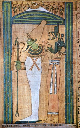Foto de Antigua pintura de papiro egipcio del dios Osiris y la diosa Isis preparándose para el juicio final - Imagen libre de derechos