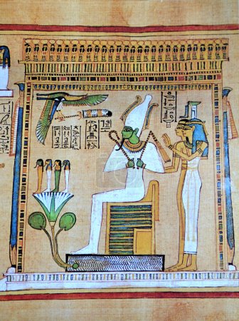 Antiguo Papiro Egipcio del Dios Osiris entronizado, respaldado por las hermanas diosa Isis y Neptis, Delante, los cuatro hijos de Horus.