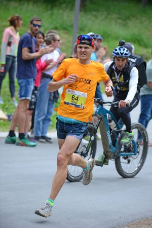Photo for Zinal, SWITZERLAND - AUGUST 7: Elite runner, Anthony FELBER (FRA)  in the Sierre-Zinal World ChampionshipTrail Race:  August 7, 2021 in Zinal, Switzerland - Royalty Free Image