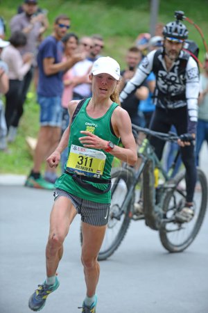 Photo for Zinal, SWITZERLAND - AUGUST 7: Nienke BRINKMAN (NED) second  in the Sierre-Zinal World ChampionshipTrail Race:  August 7, 2021 in Zinal, Switzerland - Royalty Free Image