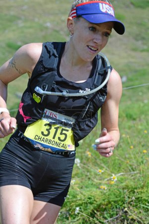 Photo for Zinal, SWITZERLAND - AUGUST 7: Elite runner, Brittany CHARBONEAU (USA)  in the Sierre-Zinal World ChampionshipTrail Race:  August 7, 2021 in Zinal, Switzerland - Royalty Free Image