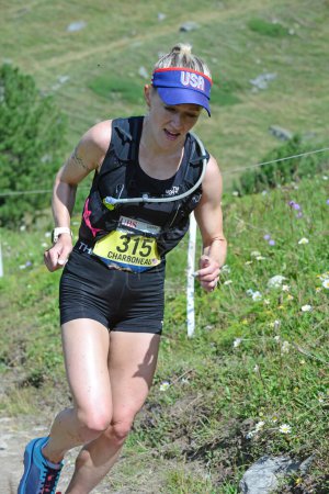 Photo for Zinal, SWITZERLAND - AUGUST 7: Elite runner, Brittany CHARBONEAU (USA) in the Sierre-Zinal World ChampionshipTrail Race:  August 7, 2021 in Zinal, Switzerland - Royalty Free Image