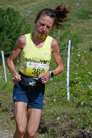 Photo for Zinal, SWITZERLAND - AUGUST 7: Elite runner, Anais Sabrie (F) in the Sierre-Zinal World ChampionshipTrail Race:  August 7, 2021 in Zinal, Switzerland - Royalty Free Image
