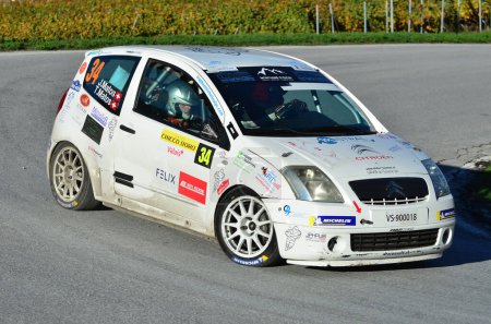 Photo for CHALAIS, SWITZERLAND - OCTOBER 15: Matos and Matos in their Citroen C2 driving the in the International Rally du Valais:  October 15, 2022 in Chalais, Switzerland - Royalty Free Image