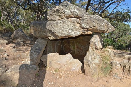 Téléchargez les photos : Un dolmen préhistorique, fait de quatre dalles verticales de pierre et d'une grande pierre de toit, datant de la période néolithique. Situé dans une clairière de chênes - en image libre de droit