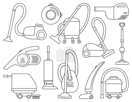 Illustration for Vacuum cleaner vector outline icons set . Collection vector illustration device vac on white background. Isolated outline icon set vacuum cleaner for web design. - Royalty Free Image