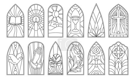 Photo for Stained glass vector outline icon set . Collection vector illustration window church on white background. Isolated outline icons set stained glass for web design. - Royalty Free Image