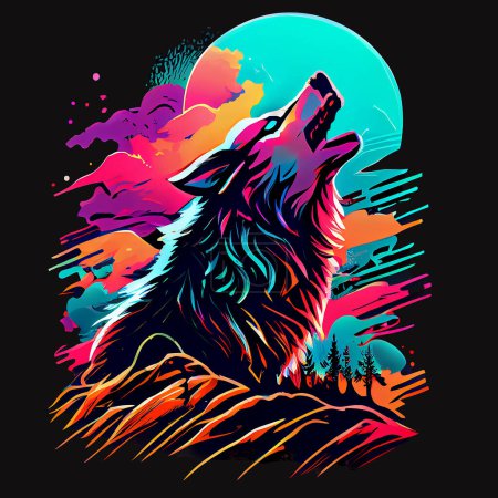 Wolf howling at the moon. Synthwaves coloring, vivid colors. Graphic template design with nature and animal. T-Shirt illustration.
