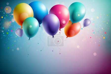 Background with bundle of colorful flying balloons. Warm light. Glittering Soaring into the Sky. Template design for new year, celebration. Copy space for text. Fresh beginning. Vivid colors.