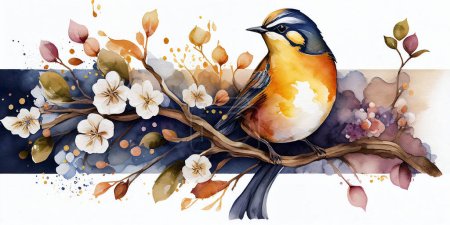 Foto de Fondo de primavera con una rama de cerezo floreciente con un pájaro sentado en él. Antecedentes El sol ilumina las flores de cerezo de sakura blanca. Motivo japonés pintado con acuarela. IA generativa. - Imagen libre de derechos