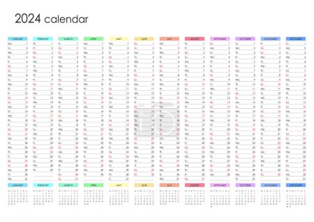 Illustration for Planner calendar for 2024. Wall organizer, yearly template. One page. Set of 12 months. English - Royalty Free Image