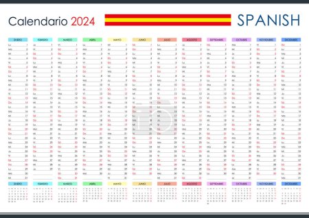 Illustration for Planner calendar for 2024. Wall organizer, yearly template. One page. Set of 12 months. Spanish. - Royalty Free Image