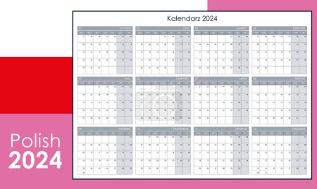 Illustration for Planner calendar for 2024. Wall organizer, yearly template. One page. Set of 12 months. Polish. - Royalty Free Image