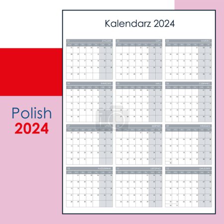 Téléchargez les illustrations : Modèle de calendrier 2024. Organisateur planificateur annuel pour tous les jours. La semaine commence le lundi, polonais - en licence libre de droit