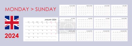 Plantilla de calendario 2024. Organizador anual de planificadores para cada día. La semana comienza el lunes. 
