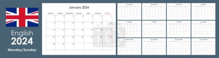 Téléchargez les illustrations : Modèle de calendrier 2024. Organisateur planificateur annuel pour tous les jours. La semaine commence le lundi. - en licence libre de droit