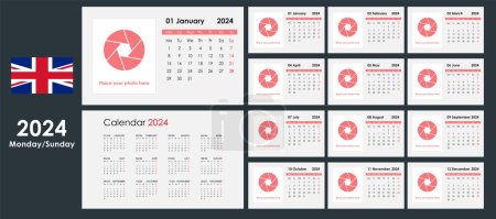 Kalendervorlage 2024. Jahresplaner für jeden Tag. Woche beginnt am Montag. 