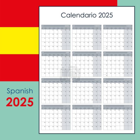 Grid-Kalender für 2025 auf Spanisch. Vertikaler Wandplaner mit freiem Kopierraum für Notizen. 