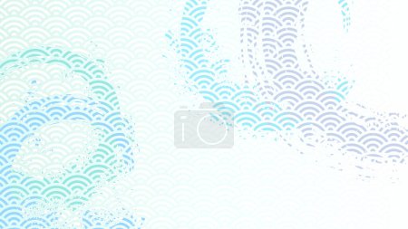 Téléchargez les illustrations : Illustration de fond horizontale combinant des motifs de vagues japonaises et des coups de pinceau ronds. - en licence libre de droit