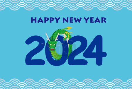 Ilustración de Ilustración de la tarjeta de Año Nuevo de un dragón entrelazado en 2024, con un patrón de onda anillada arriba y abajo.Personajes japoneses: Esperamos otro año maravilloso. - Imagen libre de derechos