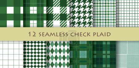 Vector collection of 12 different check pattern swatches. Set of green versions.