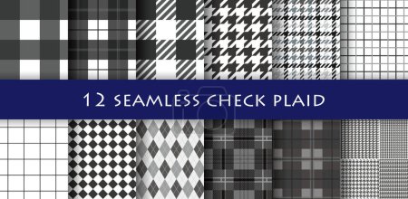 Vector collection of 12 different check pattern swatches. Set of gray versions.
