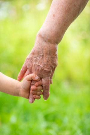 Photo for Granddaughter holding grandmothe's hand outdoors - Royalty Free Image