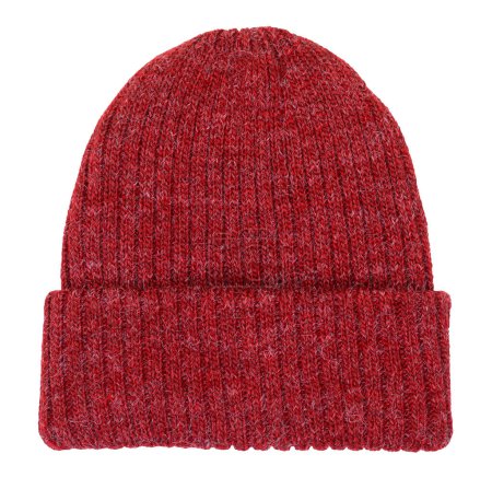 Photo for Red knitted winter bobble hat of traditional design isolated on white background - Royalty Free Image