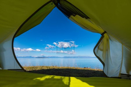 Photo for View from open camping tent to scenic Khovsgol Lake in northern Mongolia - Royalty Free Image