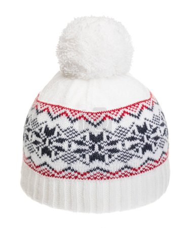 Photo for White knitted winter bobble hat decorated with Scandinavian geometric ornament. Handmade woolly cap with pompom on top - Royalty Free Image