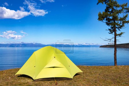 Photo for Camping tent at scenic campsite on Khovsgol Lake shore in northern Mongolia - Royalty Free Image