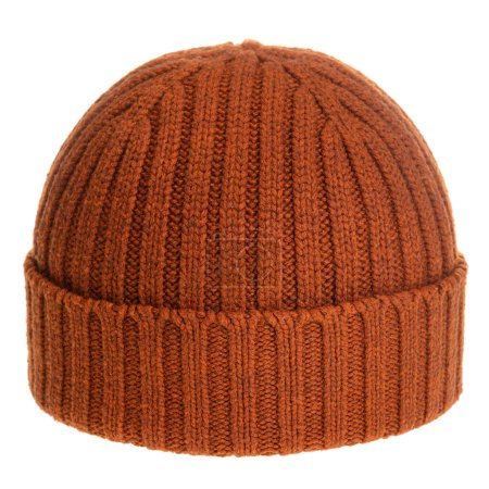 Photo for Orange-brown knitted winter bobble hat of traditional design isolated on white background - Royalty Free Image