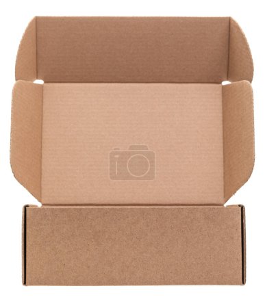 Photo for Open empty foldable corrugated postal box isolated on white background - Royalty Free Image