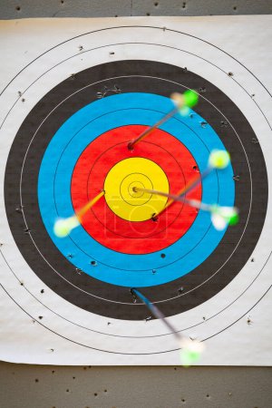 Photo for Standard archery target pierced by arrows with one hit the bullseye - Royalty Free Image