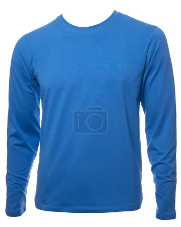 Photo for Blue plain long sleeve crew neck cotton T-Shirt on a mannequin isolated on a white background - Royalty Free Image