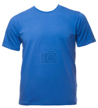 Photo for Blue plain crew-neck cotton T-Shirt on a male mannequin isolated on a white background - Royalty Free Image