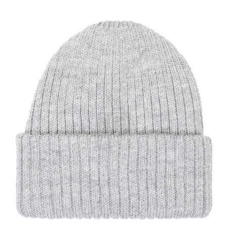 Photo for Heather grey knitted winter bobble hat of traditional design flat lay isolated on white background - Royalty Free Image